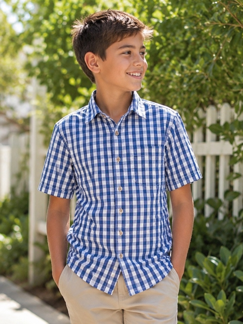 Hanna Andersson Boys 12 Blue White Gingham Short Sleeve Button Down Shirt